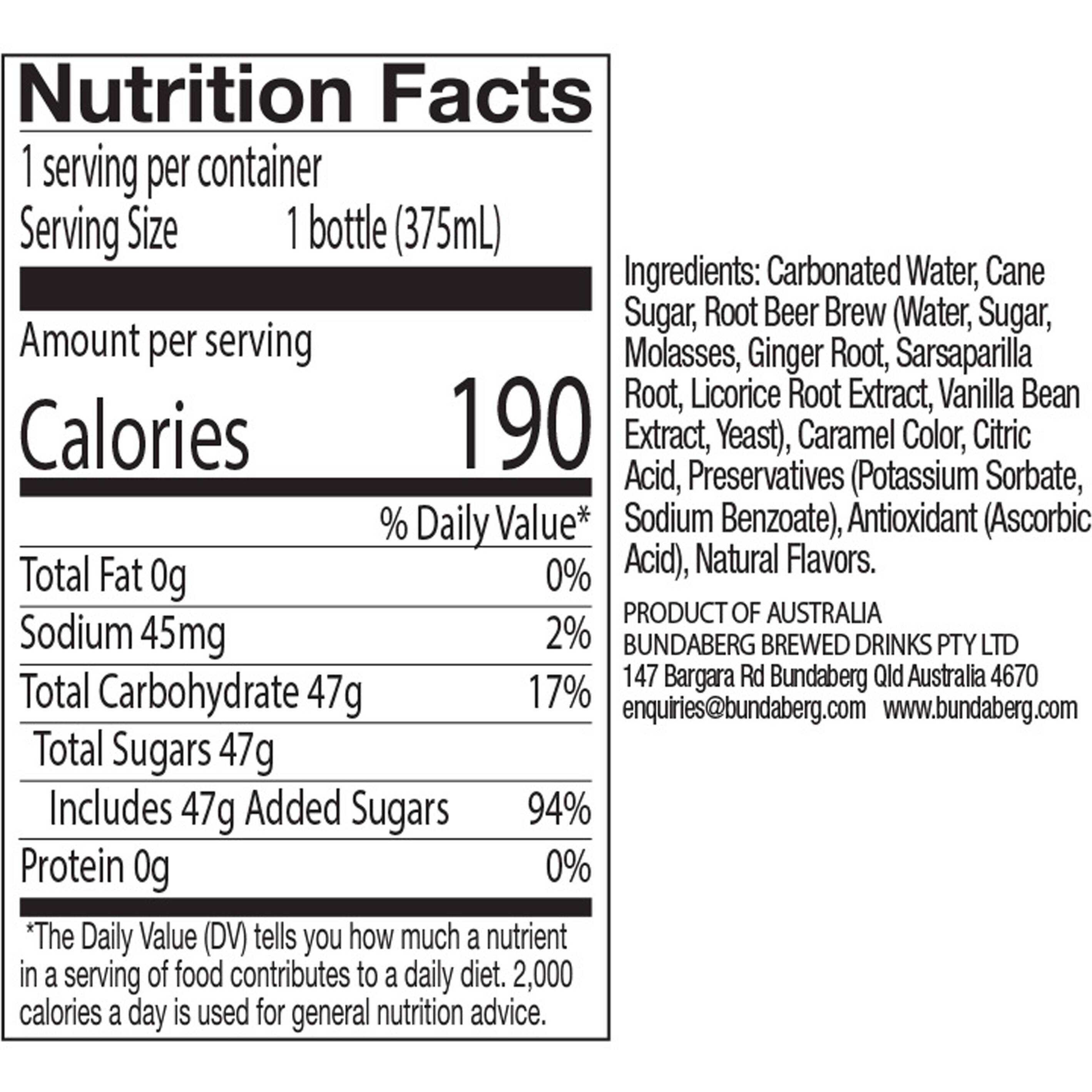 Image describing nutrition information for product Bundaberg Root Beer